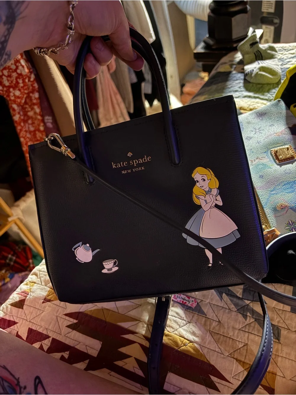 kate spade Black Alice-Inspired Satchel with Teacup Appliqués